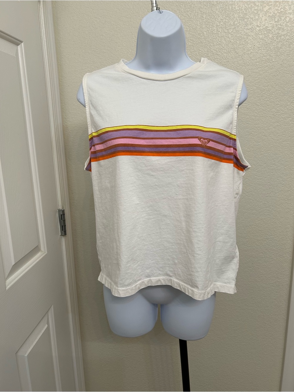 Roxy Kate Bosworth 100% Cotton White Crewneck Tank with Neon Yellow Logo